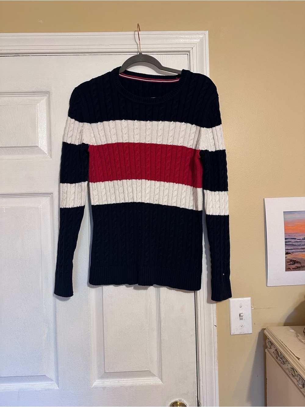 Tommy Hilfiger Cable Knit Sweater in Navy, White & Red